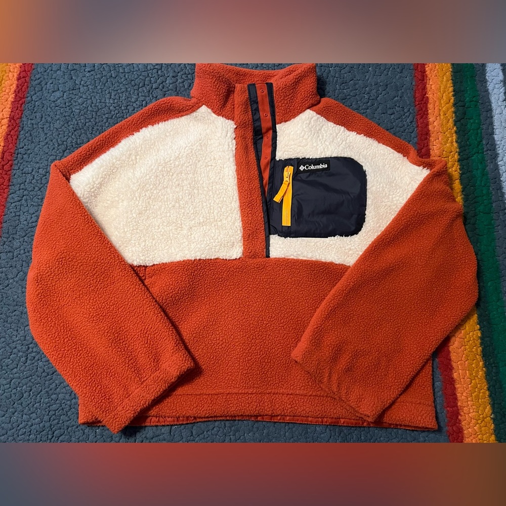 Columbia Sportswear Women’s Sherpa Pullover Fleece Jacket in Orange & Cream
